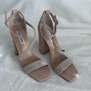 STEVE MADDEN Women's Nude Varali Jewel Suede Block Heel Sandal Size 7.5 Med; BOX